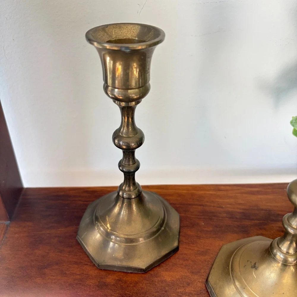 Vintage Solid Brass Candlestick Holders Pair Octagon Base Made in India 6 Inch